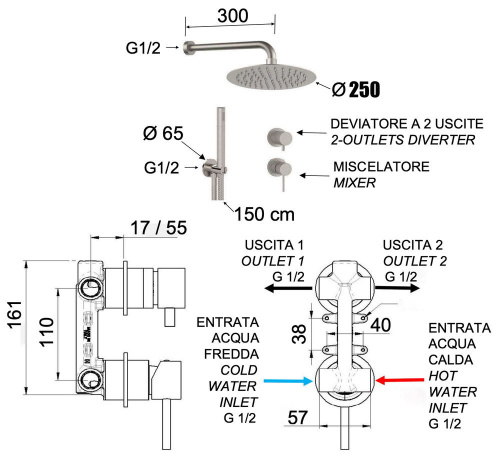 Душевая система Remer X Style INOX SSX92PS02UFM25, нержавеющая сталь