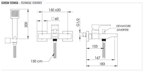 Смеситель для ванны Remer Absolute AU02XV, сталь