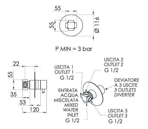 Дивертер на 3 выхода Remer X Style N93DEV3